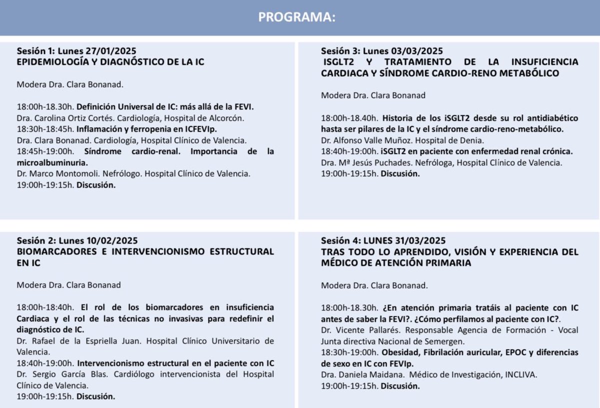 BonanadClara's tweet image. 4 Webinars en INCLIVA 4 lunes del 27 de Enero el primero al 31 de marzo “Manejo del paciente mayor con IC” desde un punto multidisciplinar, incluyendo varias especialidades incluso Atención Primaria con el aval de @SEMERGEN_CV @SVCardio @SVNefro y grandes ponentes @DrMontomoli…