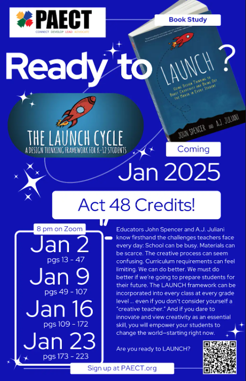 PAECT's tweet photo. Book Study: LAUNCH
Join us as we dive in to John Spencer and AJ Juliana's book to get tried and tested methods to increase creativity and thus engagement! 
Register here: https://t.co/rXO1XtwZjV https://t.co/z8osRWO6UW