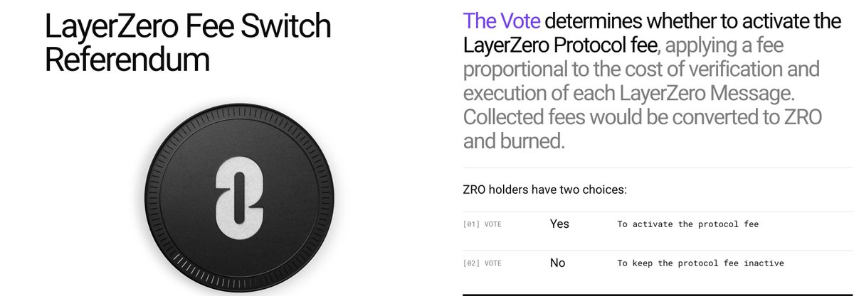 #ZRO (Layerzero) Holder you Can Vote Here:

layerzero.foundation/fee-switch-pre…

🗳️ Fee Switch Referendum

On Dec 20, 2024, 00:00 UTC, ZRO holders will vote:
• “Yes” to activate the LayerZero protocol fee
• “No” to keep the protocol fee inactive

Voting ends Dec 27, 2024, 00:00 UTC.