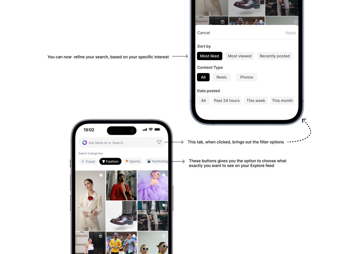 I redesigned <a href="/instagram/">Instagram</a> Explore page!
You can now;

✅Choose what you’d like to see on your Explore page(Travel, Fashion, Sports)

✅Filter by engagement, date, or content type

What do you think of my redesign?
Special thanks to <a href="/TheBrightMba/">Bright | Landing Pages & Funnels For Info Product</a> for guiding me through this project