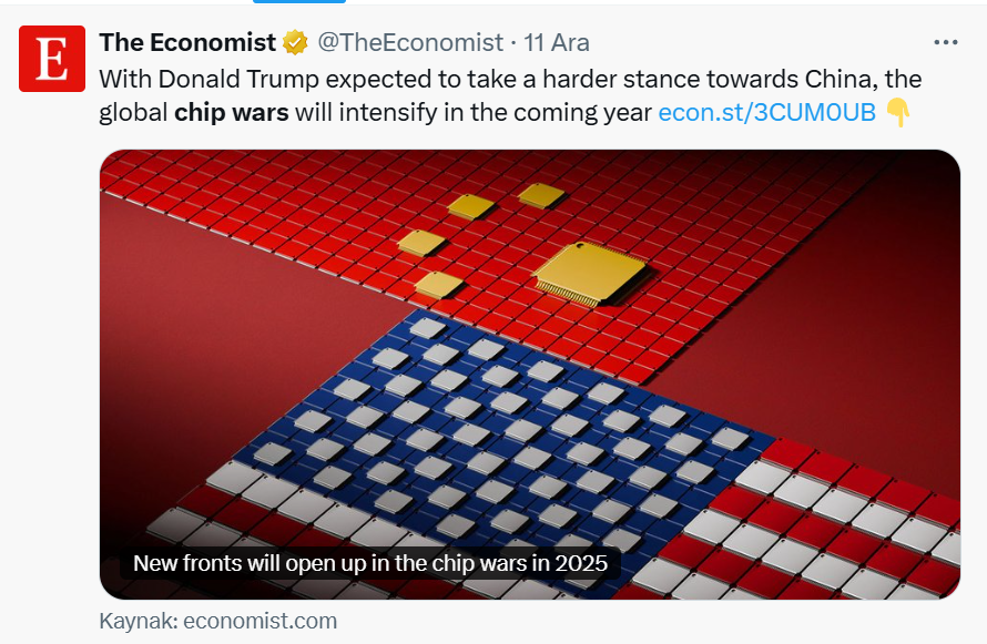 Geçen gün, The Economist ''Donald Trump'ın Çin'e karşı daha sert bir tavır takınması beklenirken, küresel çip savaşları önümüzdeki yıl (2025) yoğunlaşacak'' başlıklı bir haber paylaştı. Sizinle paylaşacaktım arada kaynadı unuttum. Bu, önümüzdeki yıl tüm dünyayı ilgilendiren