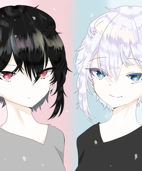 双子も実は変わってる昔は黒×ピンクと白×水色だったけど双子感出したくて目の色統一させたし昔はこんなに物騒じゃなかった でもまつ毛フェチは3年前から一切変わってない 