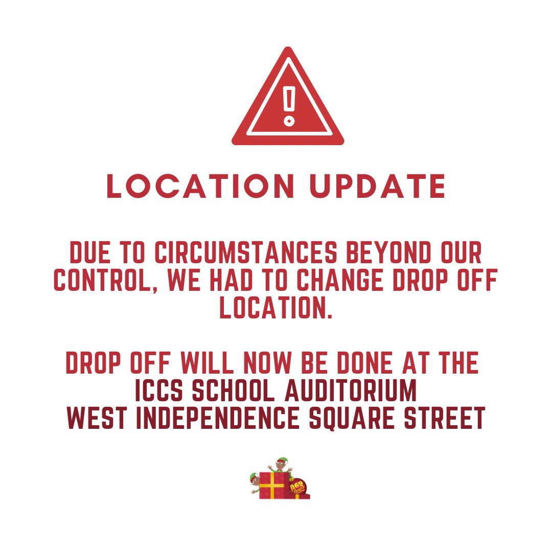 869Elves's tweet photo. 🎁 ❗️LOCATION UPDATE - DROP OFF DAY 1! ❗️🎁

Hey ELF SQUAD, WE MOVED. New Drop Off Deets below: 

📍: ICCS School Auditorium, West Ind Square Street
⏰: 12 Midday to 6 PM
🗓️: Dec 14 (TODAY)

see you there!👋🏾🥳 https://t.co/M7mAFKmqmw