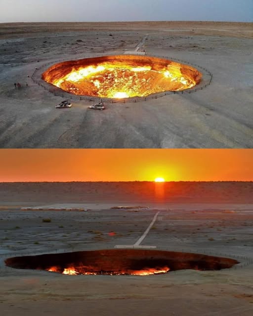 The Darvaza Crater, famously known as the "Gate of Hell," is a massive burning pit in the Karakum Desert of Turkmenistan. It was formed in 1971 when Soviet geologists accidentally drilled into an underground natural gas cavern, causing the ground to collapse.  

To prevent the