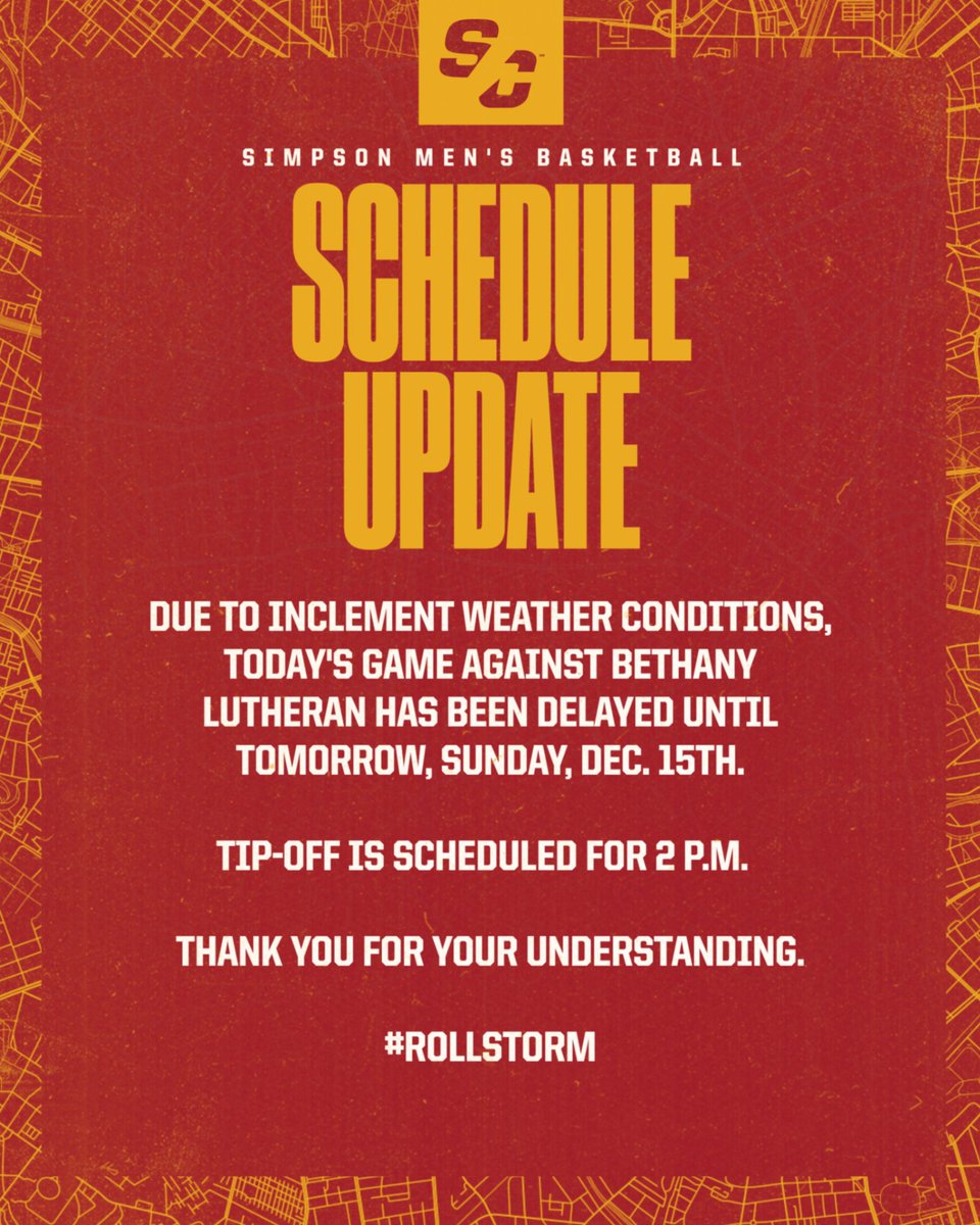 SCStorm_MBB's tweet photo. ‼️SCHEDULE UPDATE‼️ 

Today's game against Bethany Lutheran has been postponed until tomorrow, Sunday, Dec. 15.

#rollriversMBB #d3hoops https://t.co/L7G6QlXpvX