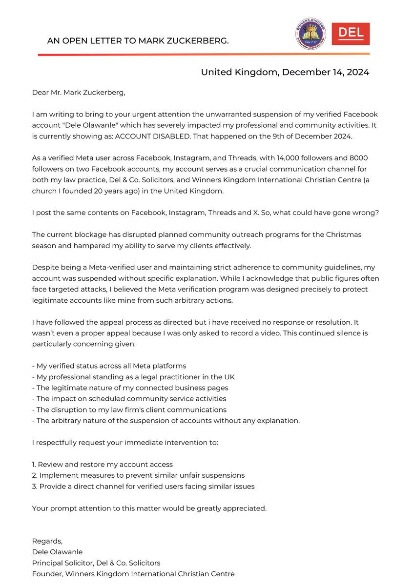 I have been a positive voice on the Social Media. Last week, <a href="/facebook/">Facebook</a> DISABLED all my <a href="/facebook/">Facebook</a> accounts. I post the same thing across all social media platforms. So, I have done nothing wrong. Help me repost this letter until it gets to <a href="/finkd/">Mark Zuckerberg</a> Mark Zuckerberg, <a href="/facebook/">Facebook</a> and