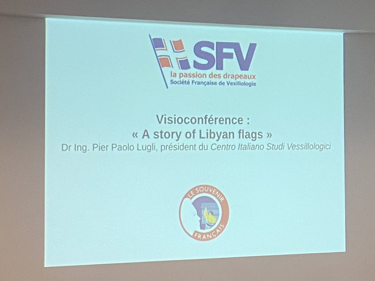 DrapeauxSFV's tweet photo. Nous poursuivons l’après-midi avec la présence, en visio depuis Modène en Italie, du Président du Centro Italiano de Studi Vessillologici, le Dr Ing. Pier Paolo Lugli avec sa conférence : « A story of Libyan Flags » (en anglais, avec diapo en français). #JSFV1 #Vexillologie https://t.co/fkuv61RyGd