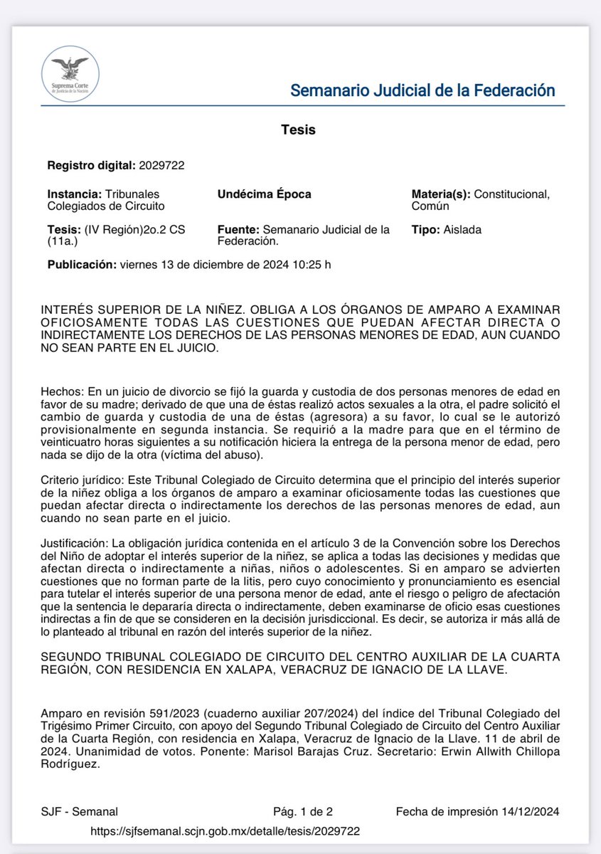 veroosornio's tweet photo. El «principio del interés superior de la niñez» obliga a los órganos de #amparo a examinar oficiosamente todas las cuestiones que puedan afectar directa o indirectamente los derechos de las personas menores de edad, aun cuando no sean parte en el juicio.
