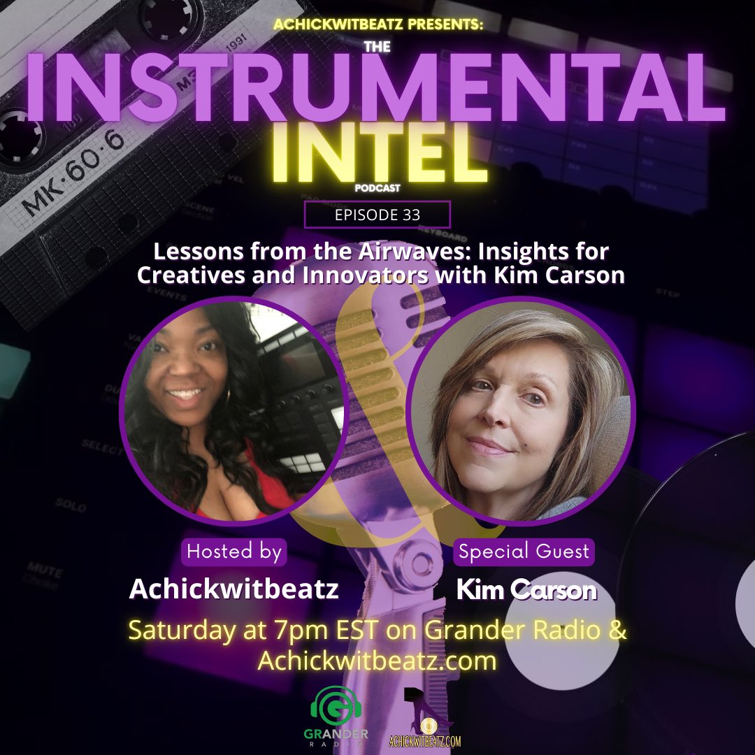 AChickWitBeatz (@achickwitbeatz) on Twitter photo Ep. 33 of <a href="/NstrumentalNtel/">Instrumental Intel Podcast</a> drops today! Radio Personality #KimCarson stops by to talk lessons from the airwaves for creatives!🎙️💎
Tune in for insights & music news Saturdays @ 7pm ET on Grander #Radio & Achickwitbeatz.com. Subscribe now!📱
#podcast achickwitbeatz.com/instrumental-i… Ep. 33 of <a href="/NstrumentalNtel/">Instrumental Intel Podcast</a> drops today! Radio Personality #KimCarson stops by to talk lessons from the airwaves for creatives!🎙️💎
Tune in for insights & music news Saturdays @ 7pm ET on Grander #Radio & Achickwitbeatz.com. Subscribe now!📱
#podcast achickwitbeatz.com/instrumental-i…