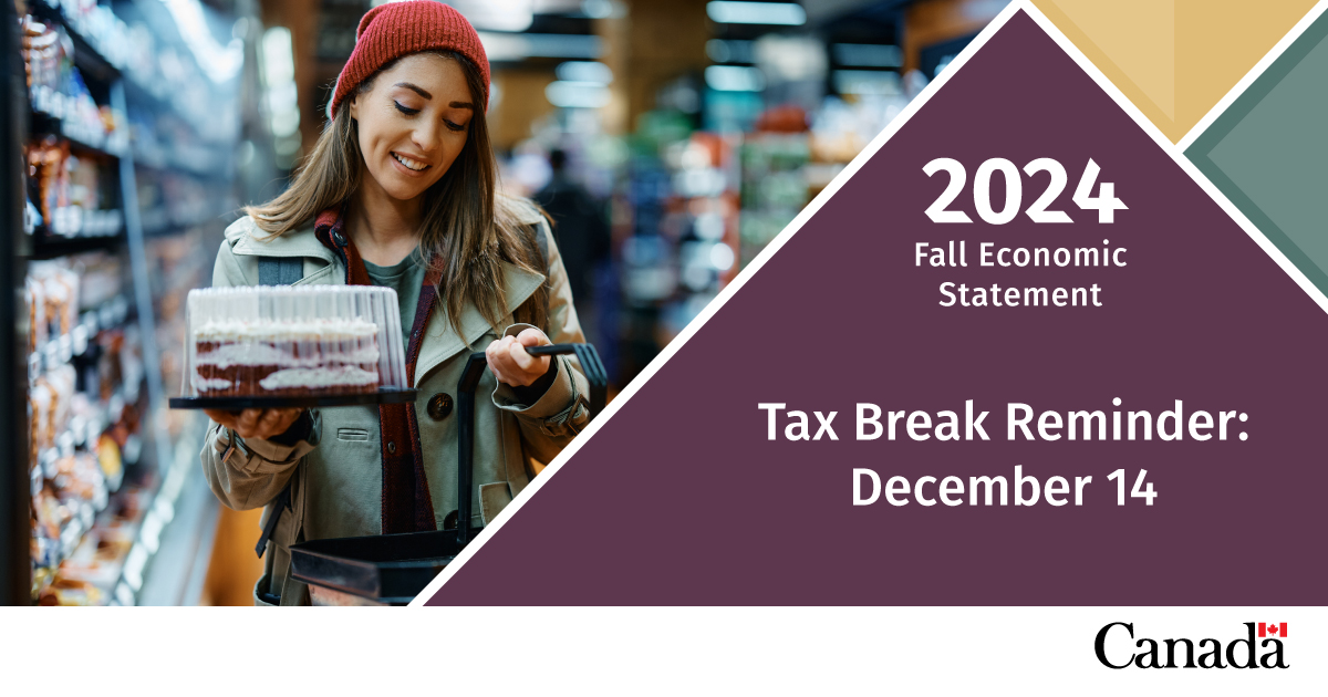 📅The GST break begins today, December 14.

Essential items, such as groceries, snacks, kids’ clothing, diapers, holiday gifts, and more will be tax-free for two months. 

Full details: 
ow.ly/kQ6Q50Ur3EC