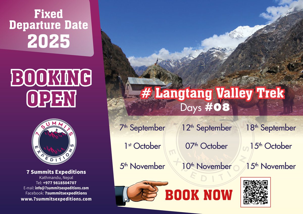 7summitsE's tweet photo. Fixed departure dates for the Langtang Valley Trek 2025 are now open for booking! Join us on this extraordinary trekking adventure through Nepal's breathtaking landscapes, #7summitsexpeditions #TrekkingInNepal #FixedDeparture2025 https://t.co/nUr4RuY1mI