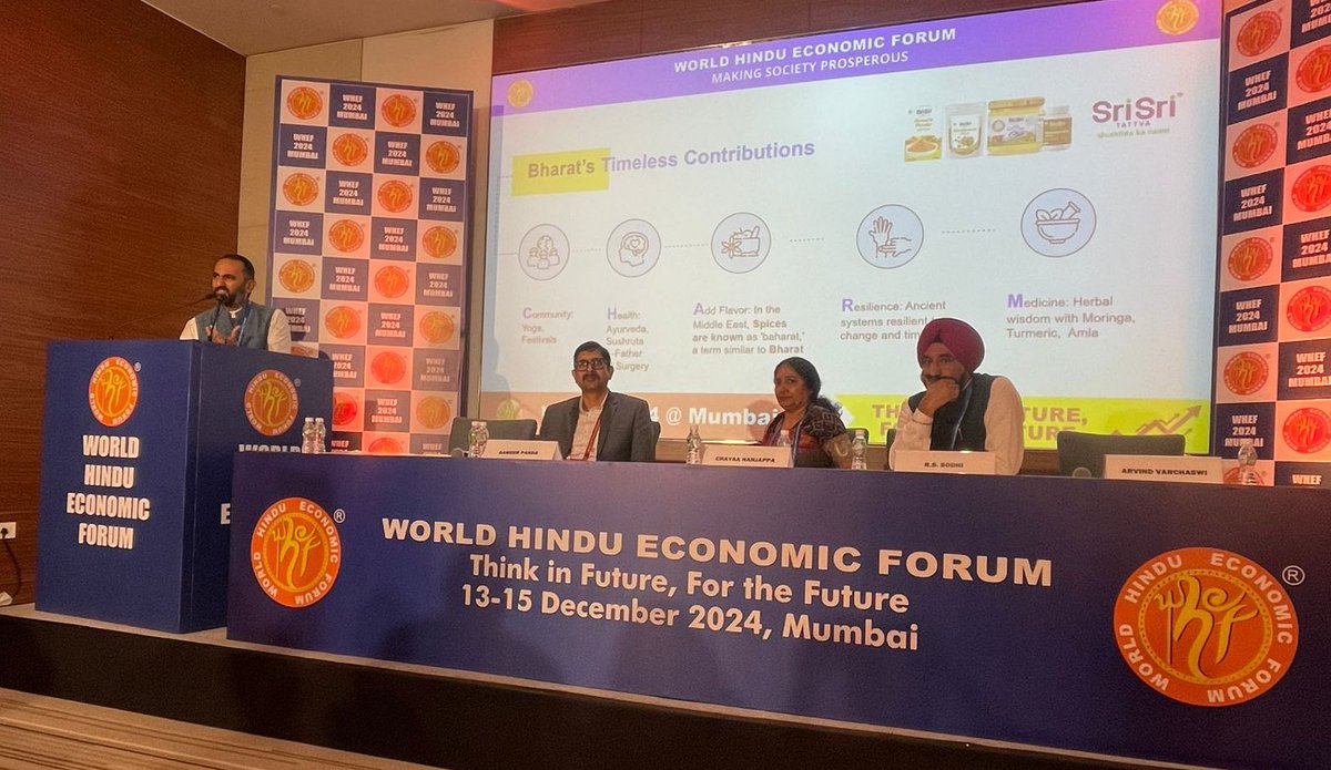 arvindvarchaswi's tweet photo. Spoke at the World Hindu Economic Forum on “Unlocking the Potential of Bharat’s FMCG Landscape: Trends and Transformations Ahead.” Shared insights on Bharat’s historic contributions to health and FMCG, and @srisritattva’s role in bringing solutions to the world through innovation and technology. #FMCG #Bharat #Innovation