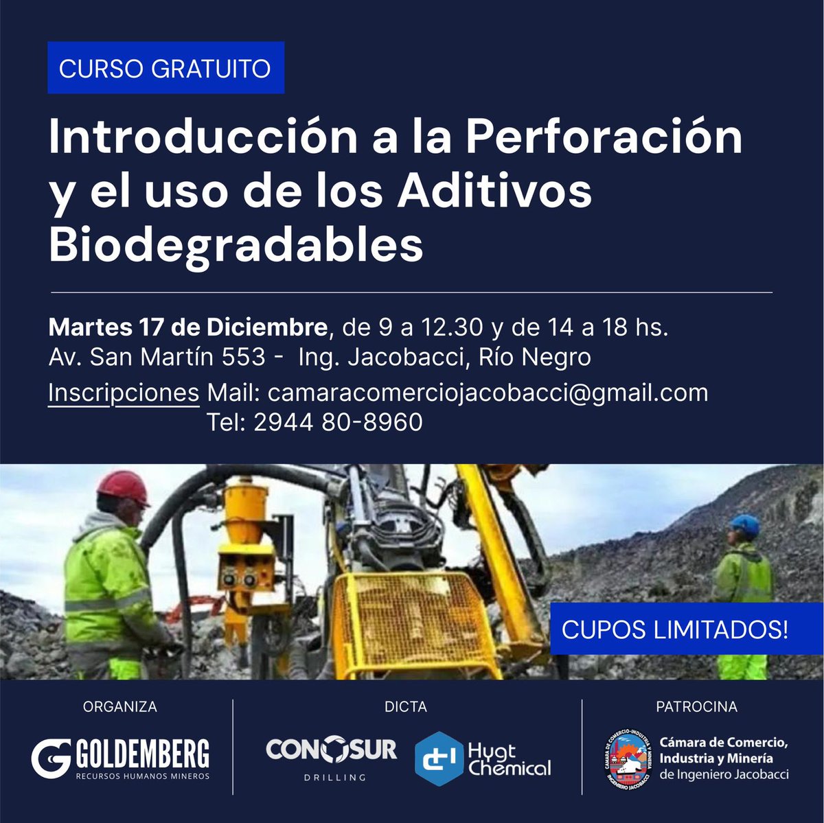 #GOLDEMBERGMINERIAARGENTINA
#PRIMERACONSULTORAESPECIALIZADAENLAINDUSTRIAMINERA
Nos vemos este Martes 17/12 a partir de las 9 hs. en 
#IngenieroJacobacci #RioNegro
Salimos, también, por el Facebook de la Cámara de Comercio Industria y Minería de Int. Jacobacci, no te lo pierdas
