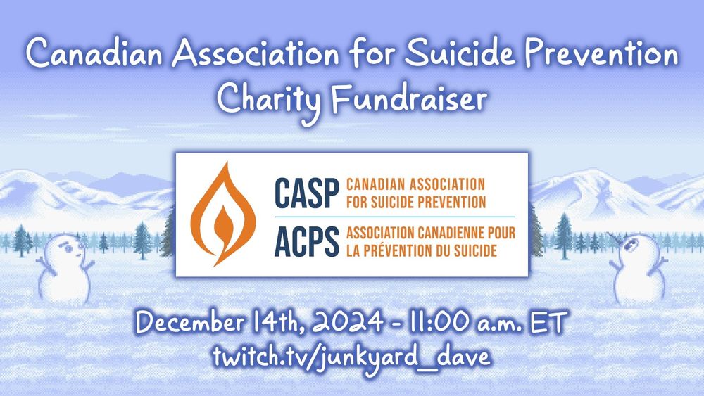We're live for our one day charity event. :)

12 hours of speedruns benefiting CASP (Canadian Association of Suicide Prevention). 

Channel: twitch.tv/junkyard_dave
Schedule: horaro.org/speedrunmarath…

Retweets/likes very appreciated!
