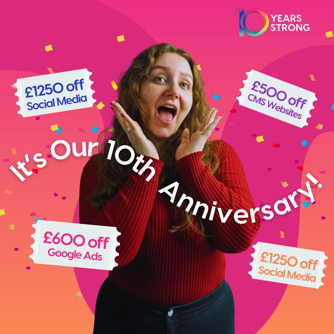 Resknow's tweet photo. Introducing our 10-Year Anniversary offers🎉

🎉£500 off CMS Websites
🎉£600 off Google Ads
🎉Up to £1250 off Social Media Plans

Drop us a message if you're interested! These deals are for the first 10 clients🚀

#10YearAnniversary #Deals #DigitalAgency #WebDesign #SpecialOffer https://t.co/QKYh8zZC1r