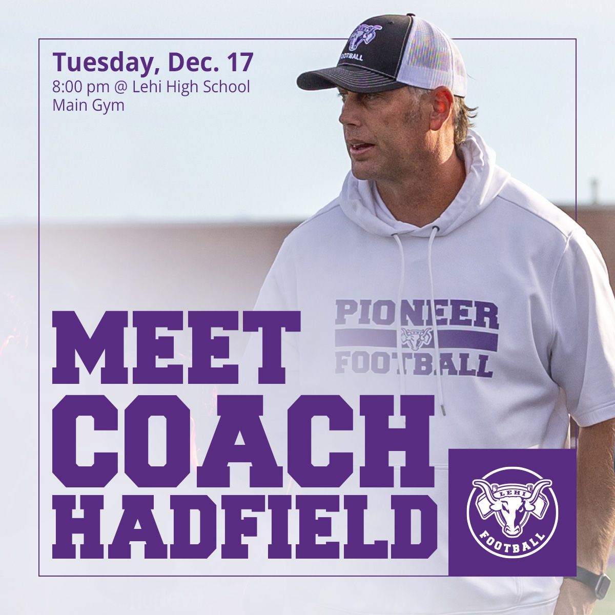 Come meet Lehi Football's new head coach Andy Hadfield on Tuesday evening at 8:00 at the Lehi High School main gym. This event is open to the entire community! Come ask questions, take pictures, and get to know Coach Hadfield better. We hope to see you there.
