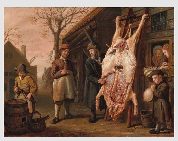 In Tudor times, every part of the pig was used Hams, bacon, brawn &amp; souse (pickled ears, nose &amp; trotters) were popular. Blood made black pudding &amp; coloured sauces.
Jan Victors' The Slaughtered Hog (1653), a child blows up a pig’s bladder - a ball to play with 
#OSBPG #OSBPork