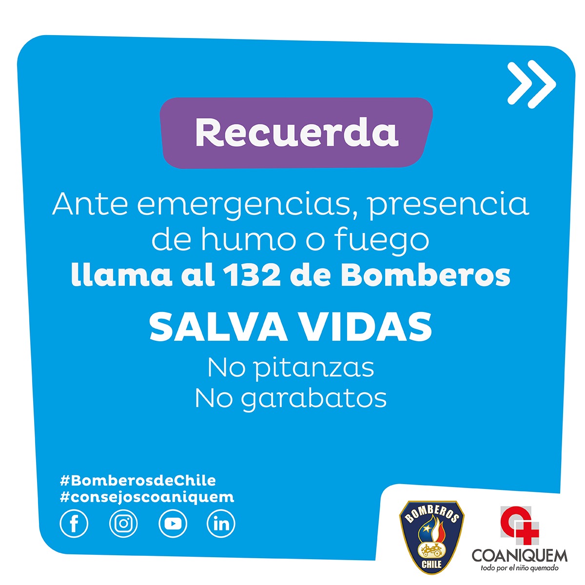 BomberosdeChile's tweet photo. 𝗖𝗢𝗡𝗦𝗘𝗝𝗢 𝗕𝗢𝗠𝗕𝗘𝗥𝗢𝗦 - 𝗖𝗢𝗔𝗡𝗜𝗤𝗨𝗘𝗠  | ¡Peligro a la vista! No compres, no uses y no vendas fuegos artificiales
#Bomberosdechile #Coaniquem #Findeañoseguro https://t.co/adYcgNZuIf