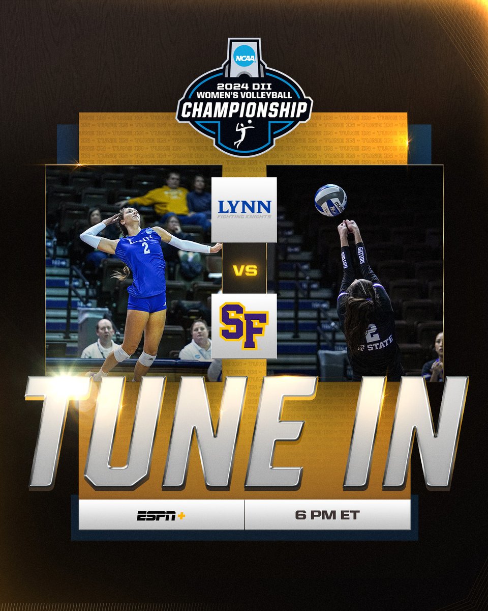 NCAA Division II (@ncaadii) on Twitter photo A #D2VB champion is crowned today 🏆
No. 4 <a href="/Lynn_Knights/">Lynn Athletics</a> 🆚 No. 7 <a href="/SFState_VB/">SF State Volleyball</a>
🕰️ 6 PM ET
📺 ESPN+
Preview » on.ncaa.com/1213D2VB
📰 on.ncaa.com/D2VBsp
📊 on.ncaa.com/D2VBnc A #D2VB champion is crowned today 🏆
No. 4 <a href="/Lynn_Knights/">Lynn Athletics</a> 🆚 No. 7 <a href="/SFState_VB/">SF State Volleyball</a>
🕰️ 6 PM ET
📺 ESPN+
Preview » on.ncaa.com/1213D2VB
📰 on.ncaa.com/D2VBsp
📊 on.ncaa.com/D2VBnc