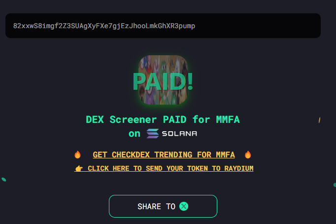 Someone paid dex on $MMFA

82xxwS8imgf2Z3SUAgXyFXe7gjEzJhooLmkGhXR3pump