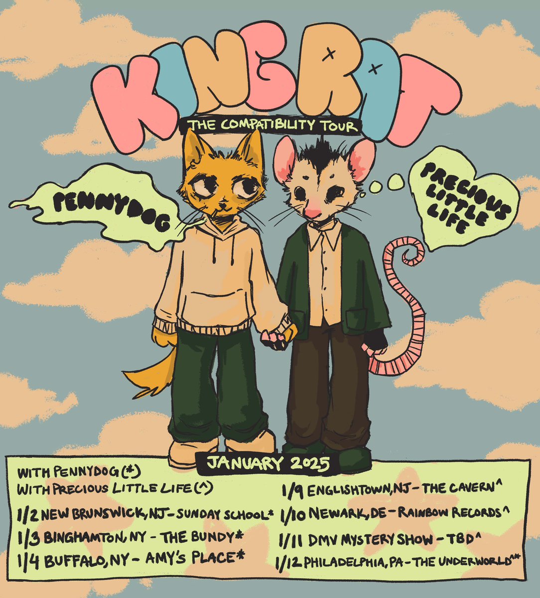 LonelyBirdRecs's tweet photo. An Exercise in Compatibility, the new split EP from King Rat and Hetareee, will be available to stream on 1/2/24

You can catch King Rat on tour w/ Penny Dog and Precious Little Life from 1/2-1/4 &amp; 1/9-/12. 

CDs and Tapes will be available for pre-order soon <3 https://t.co/JOSBbA0NK4