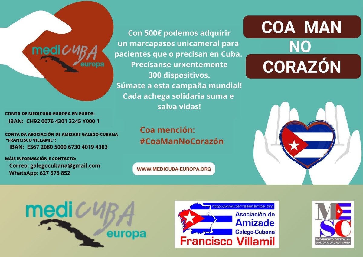 ‼️👉Todo o noso apoio a esta iniciativa na que participa a solidariedade galega con Cuba 🇨🇺. Xa levamos xuntados 2.233 € para os marcapasos, e seguimos. Bótalle unha man ao 💗corazón de Cuba‼️