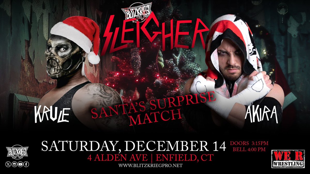 Blitzkrieg_Pro's tweet photo. TODAY! 4:00 PM START TIME!
#SLEIGHER in Enfield, CT!

Feat:
@AtrocityKrule vs @theakiraway 
@PerryVonVicious vs @CharlieTiger_ 
@TheKwesiAsante / @JosephAgame vs @nejrobles / @dante_drago 
@KingOfChaosNYC /@LearyOutCrowd vs @Steve_Somerset /@StephenAzureCAP 

🎟: https://t.co/G4TASMX1nQ