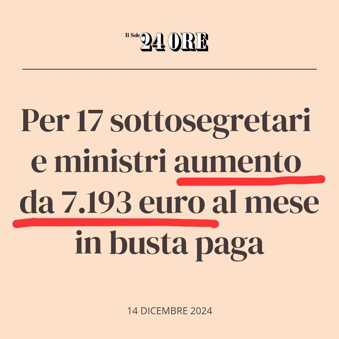 Siamo all’assurdo.
Con il record storico di persone in povertà in Italia 5,7, di cui 1,4 milioni di bambini, il record di lavoratori in cassa integrazione e questo governo cosa fa? 
Aumenta gli stipendi di ministri e sottosegretari.

Semplicemente vergognosi!