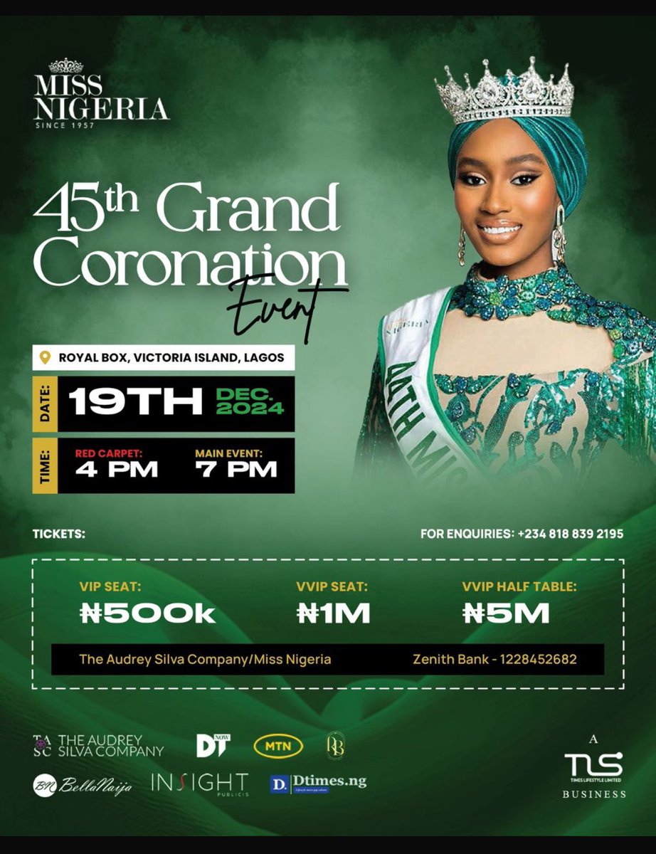 🎉✨ The countdown begins! 

The 45th Miss Nigeria Pageant — a legacy of beauty, intelligence, and impact.

🎟️ Get your tickets now and be part of an unforgettable night filled with glamour, inspiration, and excellence. 

Call 0702 669 3638 or email tascadmin@audreysilva.com