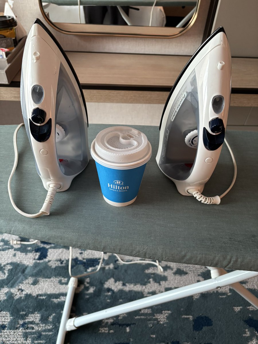 TrevorAnthony's tweet photo. I’ve traveled for work for 20+ years and this is a first! I needed two irons, one to spray and steam and the other to iron the pants. #GoodTimes #TravelingFool #TrevorsTravelTips #Emcee #LiveEventHost #LiveHost #IronWork https://t.co/8HBB8Hj8P6