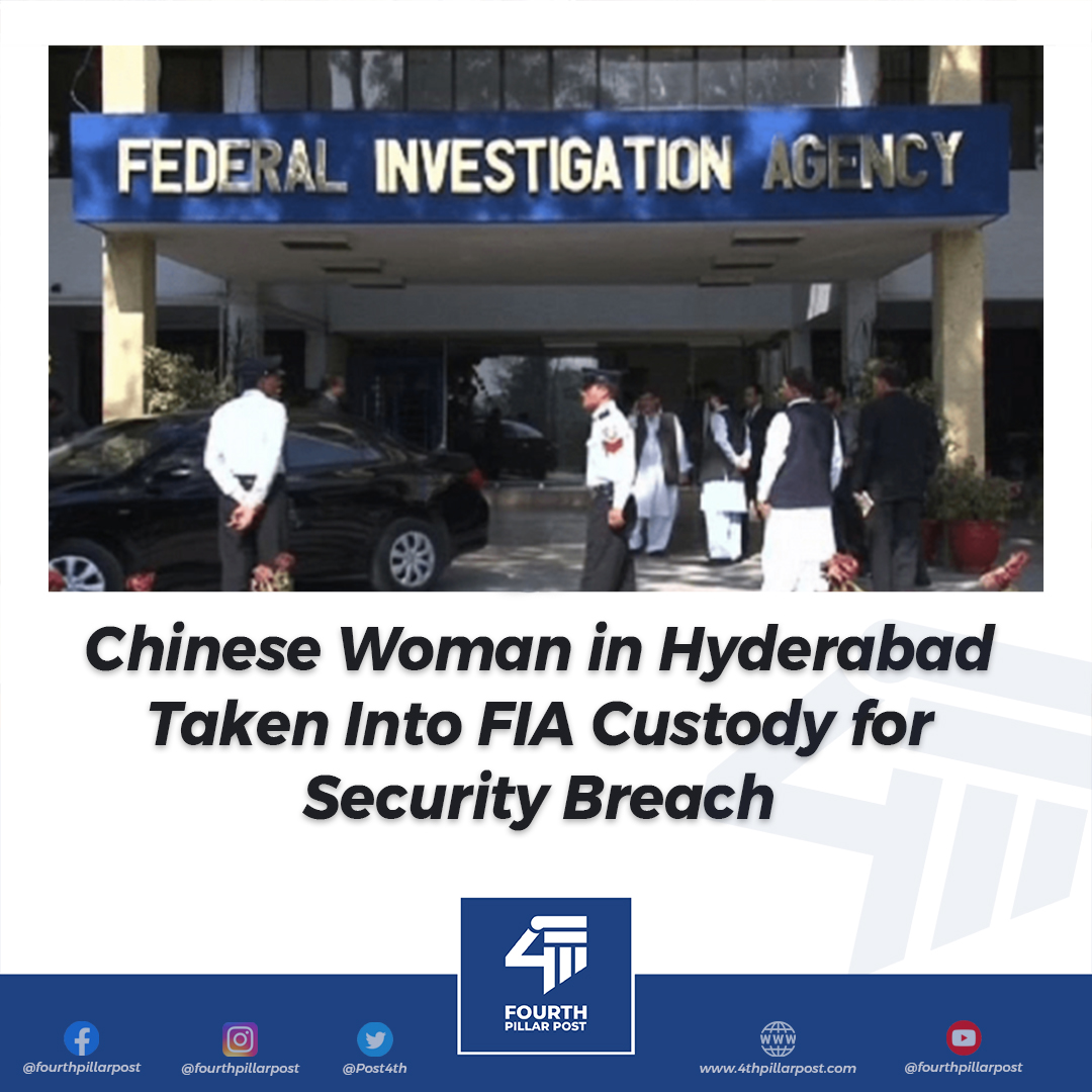 Post4th's tweet image. A young Chinese woman in Hyderabad, lacking mandatory security protocols, was handed over to the FIA for repatriation. Authorities stress the need for foreign nationals to follow security measures. #HyderabadNews #SecurityProtocols #FIAAction
Read more: 4thpillarpost.com