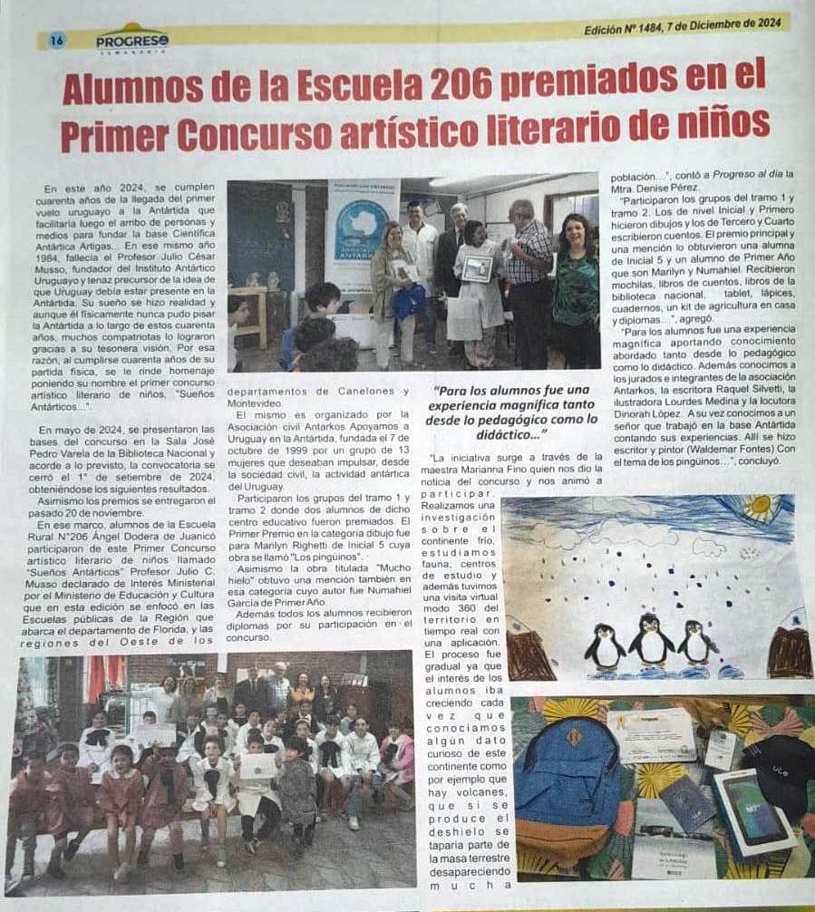 AsAntarkos's tweet photo. El Semanario Progreso, del departamento de Canelones, publicó una nota el pasado 7 de diciembre, relatando la experiencia de los niños de la Escuela rural 206 por su participación en el Concurso Sueños Antárticos 2024. @BNUruguay @AntarticoUY https://t.co/jGDfQBI8Fc