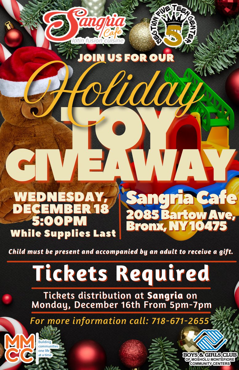 🎁✨ Toy Giveaway Alert! ✨🎁
MMCC &amp; <a href="/Sangria/">sangria</a> Cafe  Sangria Cafe are teaming up to spread some holiday cheer! Join us for a FREE Toy Giveaway on Wednesday, December 18 at 5pm. 🎅🤶
#ToyGiveaway #HolidayCheer #CommunityEvent #MMCC #SangriaCafe #SpreadJoy #GiveBack #BGCA