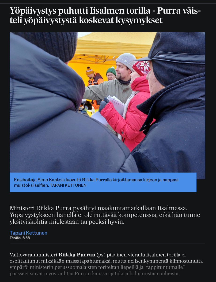 Niinpä niin.

Valtiovarainministeri <a href="/ir_rkp/">Riikka Purra</a> ei mielestään tunne yöpäivystykseen liittyviä yksityiskohtia tarpeeksi hyvin. Hän väisteli kysymykset Iisalmen torilla poiketessaan.

Tämäpä se kertoo kyllä paljon hallituksen päätöksenteosta.

Vaikuttaa yhä vahvemmin siltä, että ainoa