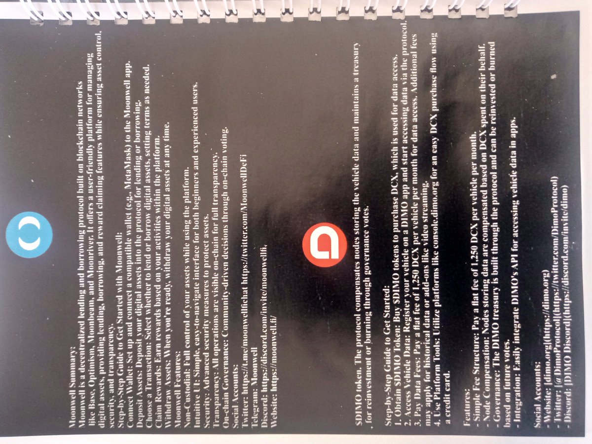 BaseSummit (basesummit.base.eth) (@base_summit) on Twitter photo On the Notepads given at the event we briefly describe Dimo and Moonwell, outlining step by step guide on how to get started, features and their official website and social media accounts.
Say hi to:
<a href="/MoonwellDeFi/">Moonwell</a>
<a href="/DIMO_Network/">DIMO</a>
CC:
<a href="/base/">Base</a>
<a href="/jessepollak/">jesse.base.eth</a>
<a href="/Sir_Damilare/">Dami.base.eth</a> On the Notepads given at the event we briefly describe Dimo and Moonwell, outlining step by step guide on how to get started, features and their official website and social media accounts.
Say hi to:
<a href="/MoonwellDeFi/">Moonwell</a>
<a href="/DIMO_Network/">DIMO</a>
CC:
<a href="/base/">Base</a>
<a href="/jessepollak/">jesse.base.eth</a>
<a href="/Sir_Damilare/">Dami.base.eth</a>