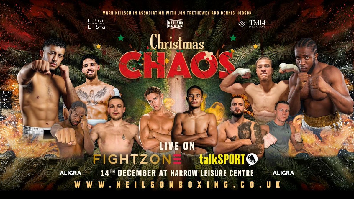 📺 Live Tonight On All FightZone Platforms 📺
🎄🥊 Christmas Chaos is coming to Harrow Leisure Centre, London, on Saturday, 14th December 2024! Get ready for a thrilling night of boxing action with an incredible lineup of matchups featuring both rising stars and seasoned professi