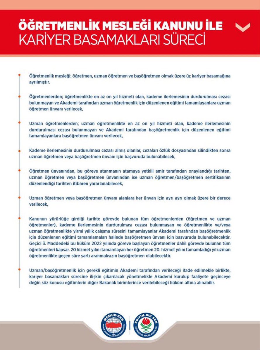 RamazanCakirci's tweet photo. Kariyer Basamakları Yönetmeliği Geciktikçe Uygulama Zorlukları Doğuracaktır
*
Öğretmenlik Mesleği Kanunuyla uzman öğretmenlik için 10 ve başöğretmenlik için 20 hizmet yılını tamamlayan yaklaşık 282 bin öğretmenimiz başöğretmen/uzman öğretmen ünvanı ve malî haklarına kavuşabilmenin eşiğinde iken kariyer basamakları yönetmeliğinin gecikmesi, CHP’nin Anayasa Mahkemesine dava açması kariyer basamaklarının bir uçurumun eşiğine gelme  ihtimalini barındırmaktadır.

Kanuna göre 1 Ocak 2025 tarihi itibariyle kariyer basamaklarında ilerleme süreci Millî Eğitim Akademisi’nin uhdesinde yürütülecek olup; Akademi’nin merkez ve taşra birimlerinin faaliyete geçmesi ile uzman/başöğretmenlik meslekî eğitim programlarının hayata geçirilmesinin uzun zaman alacağı aşikârdır.

Öte yandan sayın bakanın , kanun sonrasında eğitimcilerin beklentilerinin karşılanmasına yönelik hazırlıkların 15 Ocak’a yetiştirilmesi konusunda çabaları ve çalışmaların hızlandırılması yönündeki talimatları, kamuoyunun hafızasındadır.

Bu durum gözetilerek Aralık ayı sona ermeden kariyer basamakları yönetmeliği yürürlüğe konulmalı; zaman darlığı gözetilerek uzman/başöğretmenlik meslekî eğitim programlarının uzaktan öğretim yoluyla gerçekleştirilmeli, bu suretle haklı beklentiler karşılanarak öğretmenlerimizin mağduriyeti önlenmelidir.

Yönetmelik çalışmaları, öğretmen olarak eğitim-öğretim faaliyetleri çerçevesinde veya Bakanlık kadrolarında geçirilen bütün hizmet sürelerinin uzman/başöğretmenliğe esas öğretmenlik hizmet süresinden sayılması yönünde şekillendirilmelidir.

Ayrıca uzman/başöğretmenlik eğitim sertifikalandırma yılda bir defa değil yıl içinde öğretmenler 10 ve 20 yıllık hizmet sürelerini tamamladıkları anda eğitime başlayarak uzman ve başöğretmen sertifikaları verilmelidir.

@tcmeb 
@Yusuf__Tekin