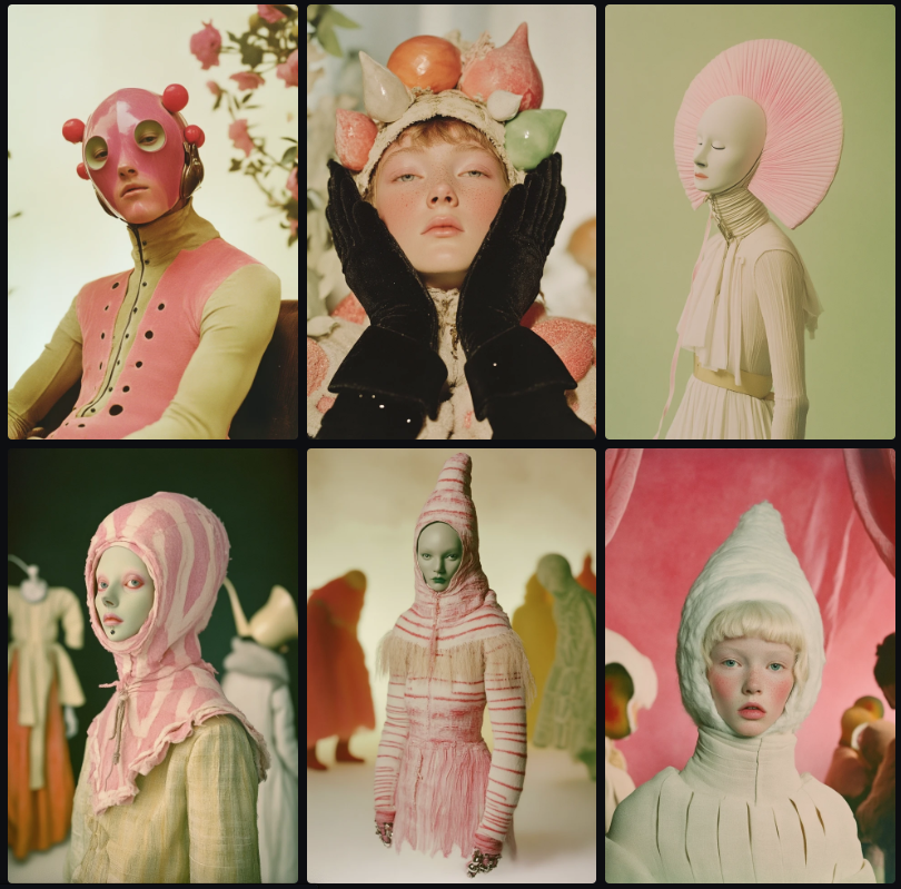 DonaMaraPrati's tweet image. pink and green tones with a touch of theatre. #midjourney  #costumedesign #retrofuturistic
