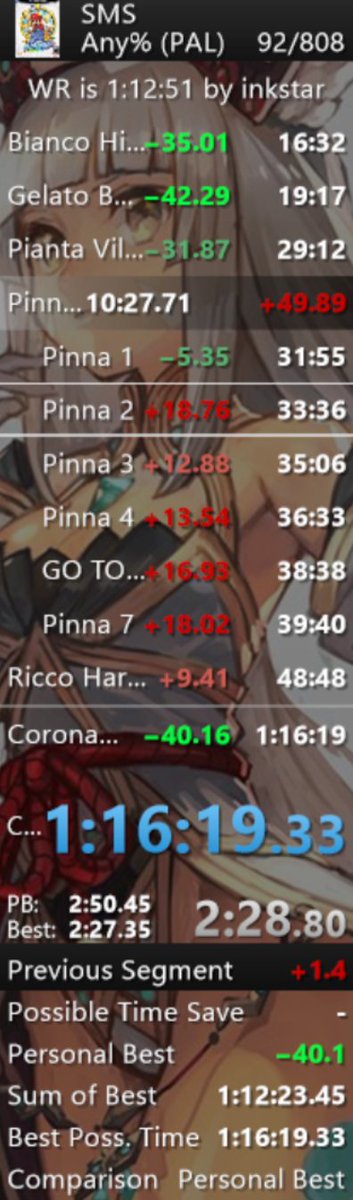 Sunshine any% In 1:16:19. wacky PB during derust. good to be back despite strange timelosses... 💪
