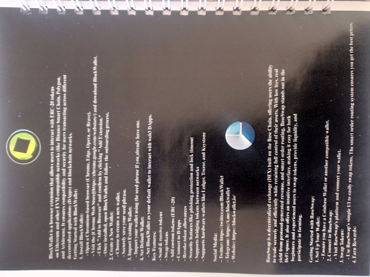 BaseSummit (basesummit.base.eth) (@base_summit) on Twitter photo On the Notepads given at the event we briefly describe products outlining step by step guide on how to get started, their features and their official website and social media accounts.
Say hi to:
<a href="/GetBlockWallet/">BlockWallet</a>
<a href="/BaseSwapDex/">BaseSwap🛡️</a>
CC:
<a href="/base/">Base</a>
<a href="/jessepollak/">jesse.base.eth</a>
<a href="/Sir_Damilare/">Dami.base.eth</a> On the Notepads given at the event we briefly describe products outlining step by step guide on how to get started, their features and their official website and social media accounts.
Say hi to:
<a href="/GetBlockWallet/">BlockWallet</a>
<a href="/BaseSwapDex/">BaseSwap🛡️</a>
CC:
<a href="/base/">Base</a>
<a href="/jessepollak/">jesse.base.eth</a>
<a href="/Sir_Damilare/">Dami.base.eth</a>