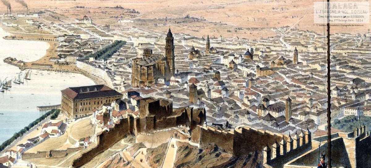 “España vista a vista de pájaro” Málaga desde el Castillo de Gibralfaro · Alfred Guesdon 1854 · Instituto de Estadística y Cartografía de Andalucía
