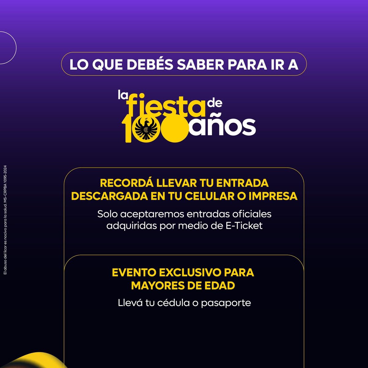 Si hoy van a la fiesta de 100 años🚨recuerden que solo aceptaremos entradas impresas y en pdf adquiridas por E-Ticket 🚨