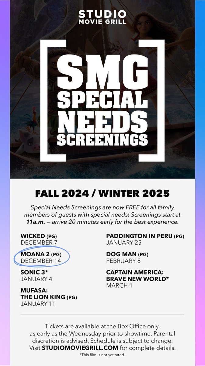 Another weekend, another SMG Special Needs Screenings! See MOANA 2 this SATURDAY DEC 14TH! More information on Studio Movie Grill's website, tickets sold at the box office only. 💜