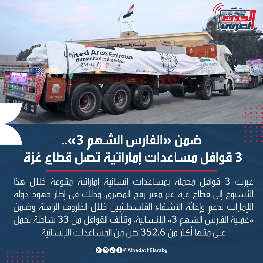 AlhadathElaraby's tweet photo. استمرارًا لدورها الإنساني الرائد عالميًا في دعم الأشقاء والدول الصديقة.. 3 قوافل مساعدات إماراتية تصل قطاع #غزة ضمن عملية #الفارس_الشهم3

 #الإمارات #المساعدات_الإماراتية
#Palestine #Gaza #UAE  #chivalrous_knight https://t.co/Z77jc9aYfU
