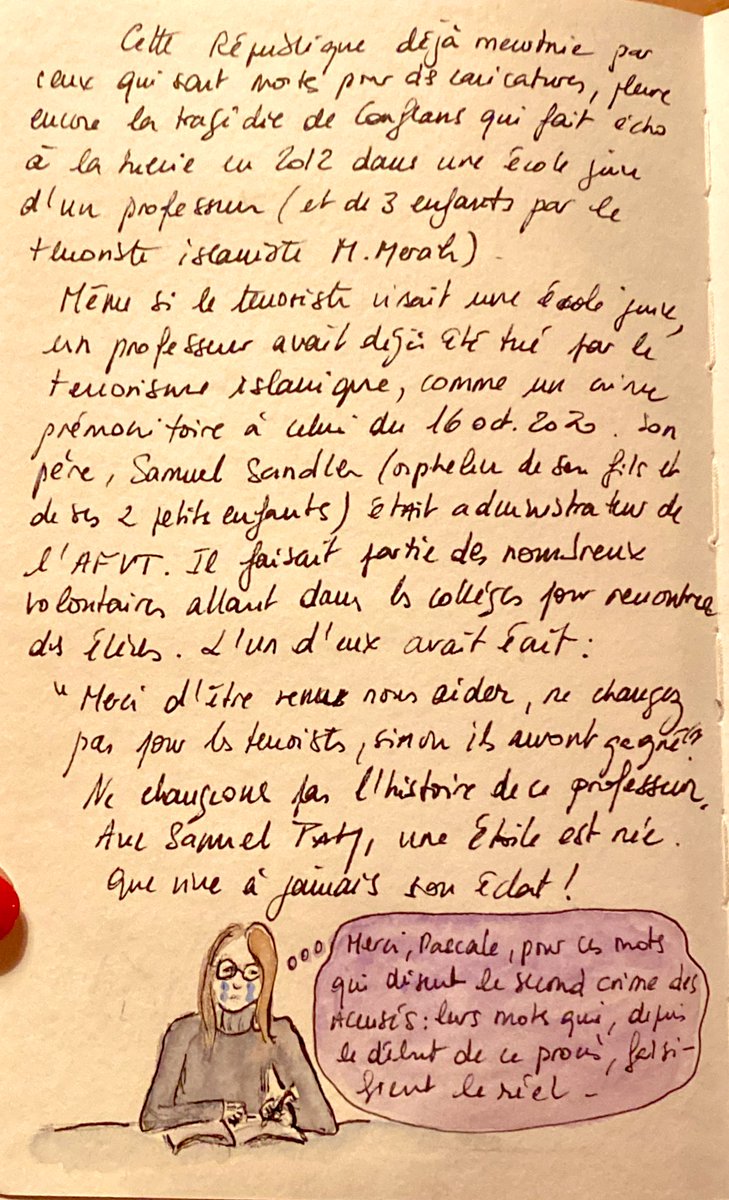 Immense merci à Pascale Edwige (<a href="/afvt_org/">AfVT</a> ) pour ses mots qui disent le second crime des accusés - user de mots qui, depuis le début de ce procès, falsifient le réel.
#plaidoirie #samuelpaty