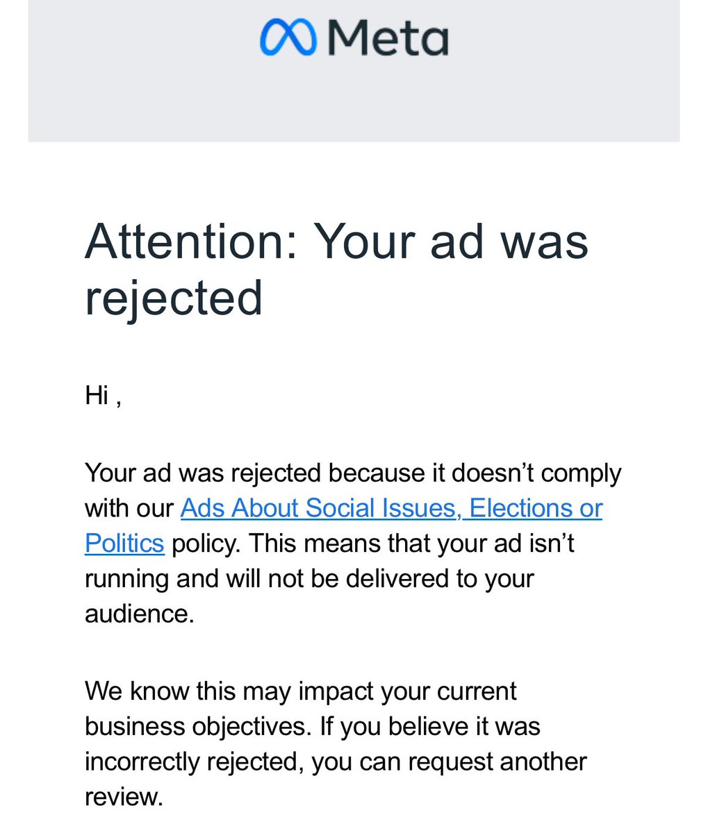 _LauraKlassen's tweet photo. Our ad was just rejected by Meta! What was this highly controversial and political ad, you might ask? See second picture. 😱
#rejection #toopolitical #Censorship https://t.co/ZQaX4ARfkY