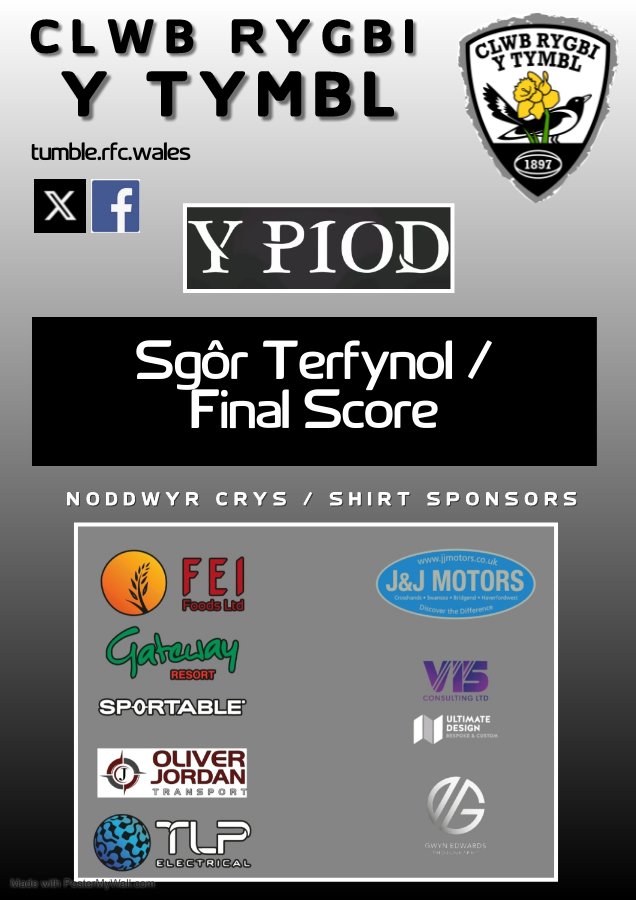 Sgor Terfynol / Final Score:

Y Tymbl 31 - Haverfordwest 28

Scorers:
Tries - Will Roberts x3, Nathan Willard, Steffan Owen 
Con - Steven Hewitt x3

#YmlaenYPiod #BonusPoint

⚫️⚪️🏉