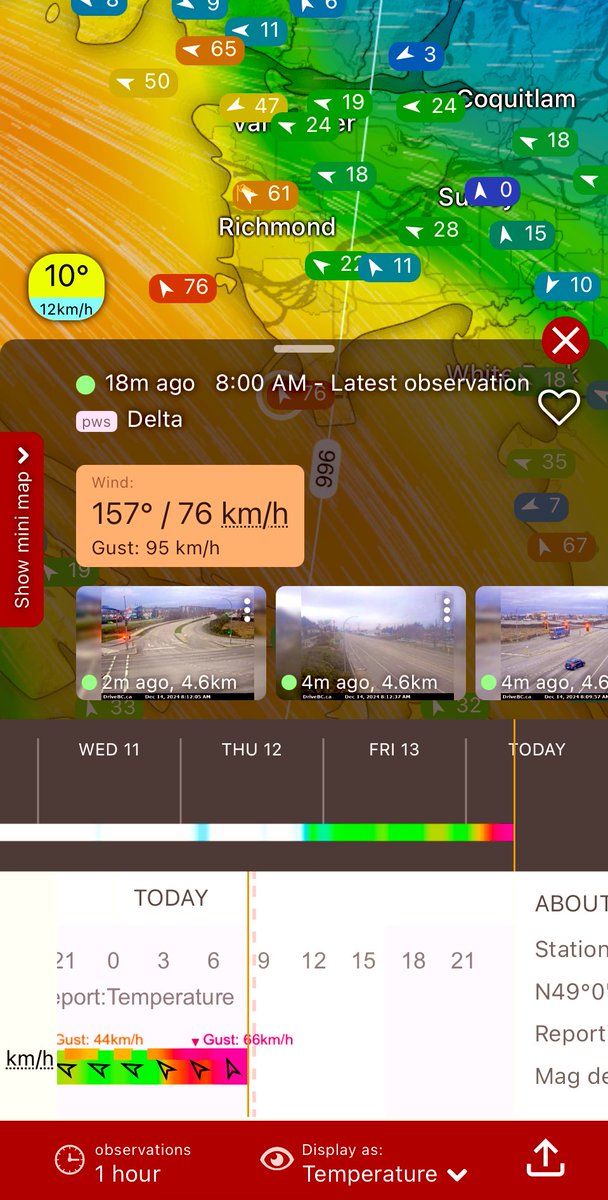 southcoastwx's tweet image. That forecast verified perfectly, as winds rage over Tsawwassen this morning, with SE gusts of 95km/h! 
#BCStormwatch #Windstorm #BCWind