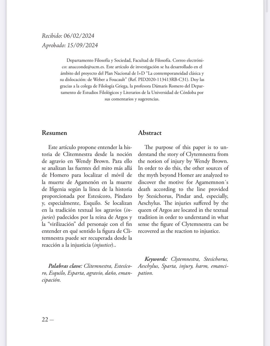 Clitemnestra y Wendy Brown: ya disponible mi artículo en <a href="/RevistaFiloBP/">Revista de Filosofía BAJO PALABRA</a> sobre la noción de agravio. El artículo presenta un estudio de las fuentes griegas (Esquilo, Estesícoro) para repensar esta figura para la filosofía política contemporánea. bajopalabra.es/numeros-anteri…