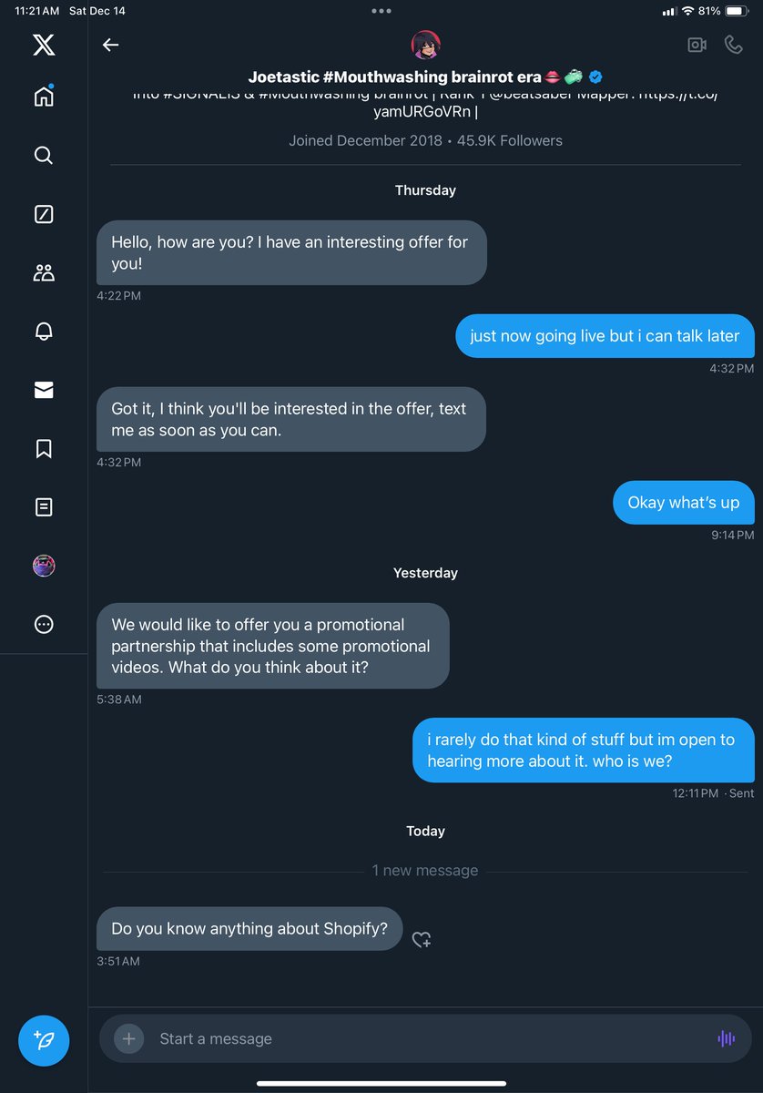 PSA to any Beat Saber people!

If you're not already aware, <a href="/Joetastic_/">Joetastic</a> got his accounts yoinked. Don't trust any DM's that you receive from him!

iirc everything else has already been locked, but the hacker still has access to Twitter

(screenshot sent to me from a friend)